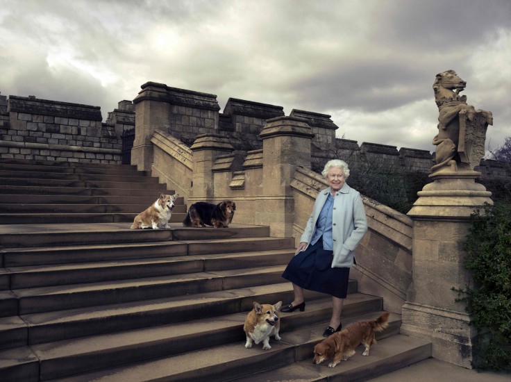 Annie Liebovitz tók þessa mynd af Elísabetu drottningu ásamt hundum hennar við Windsor-kastala.